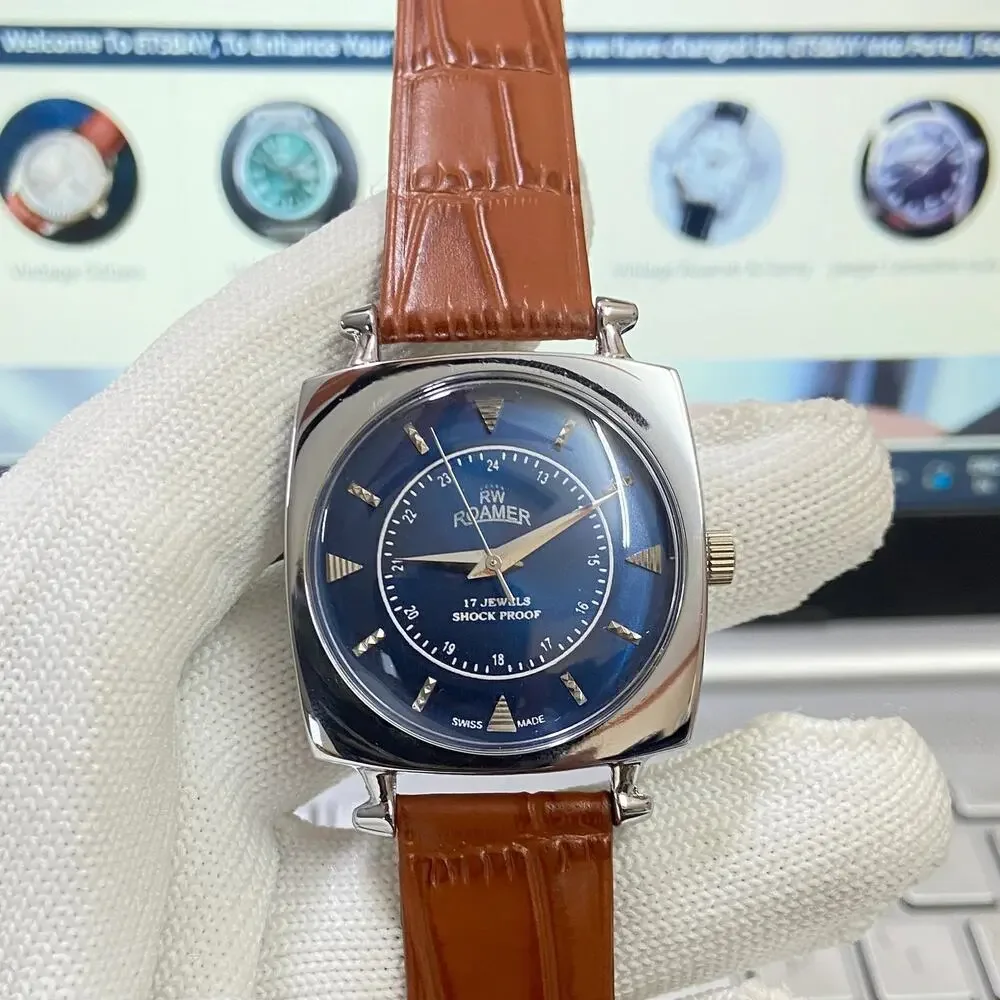 Vintage 1982 Roamer Manual Mens Silver Watch W/Leather Strap & Blue accents